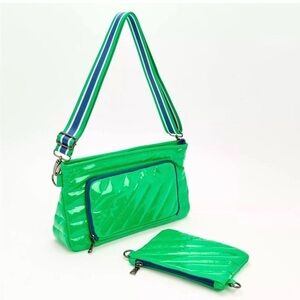Think ROYLN Kelly Green Puffer Crossbody Bag +Pouch RFID NEW! Lightweight Shiny